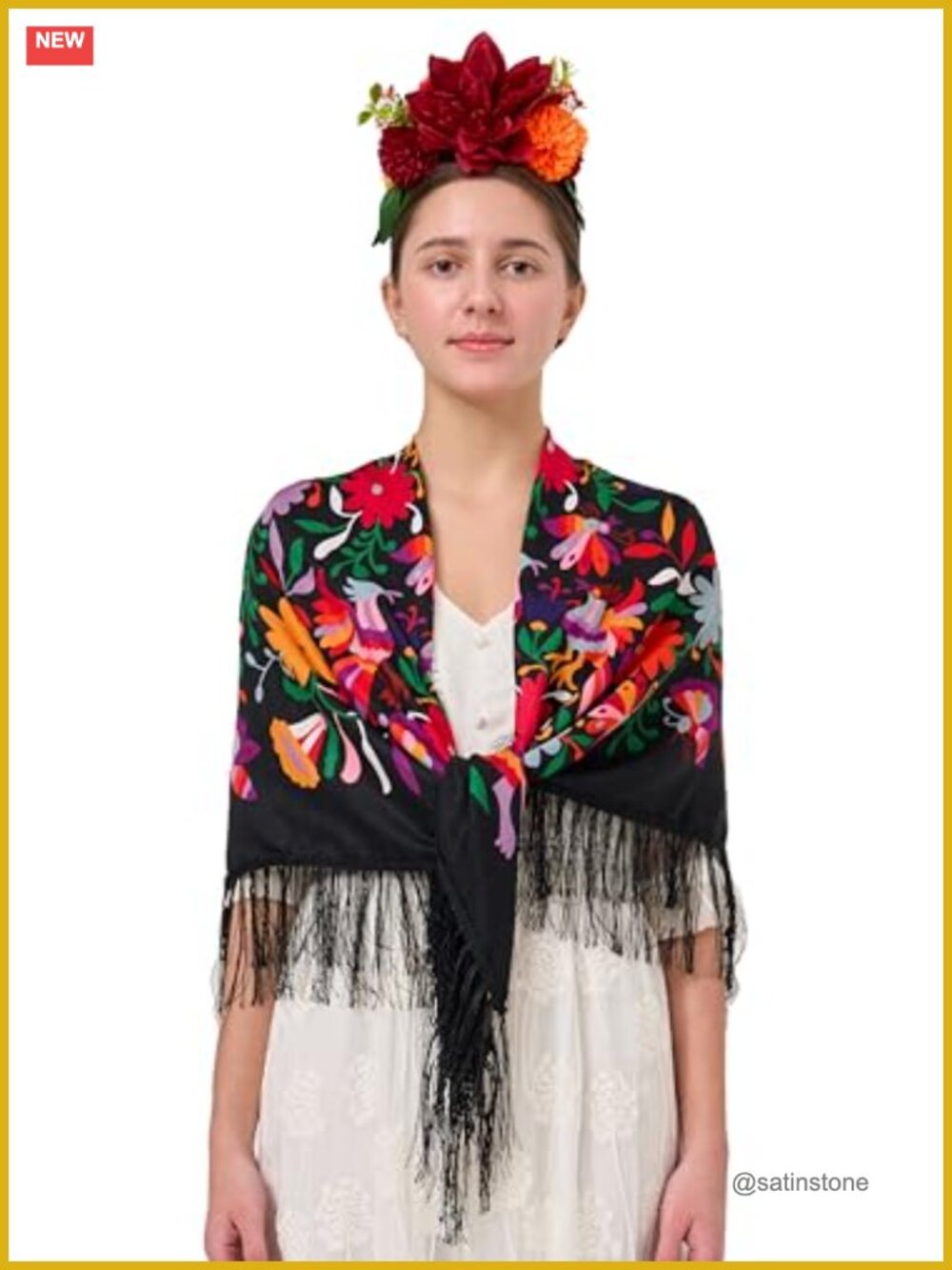 Frida Kahlo Floral Headband & Mexican Tassel Shawl Set Festival Costume